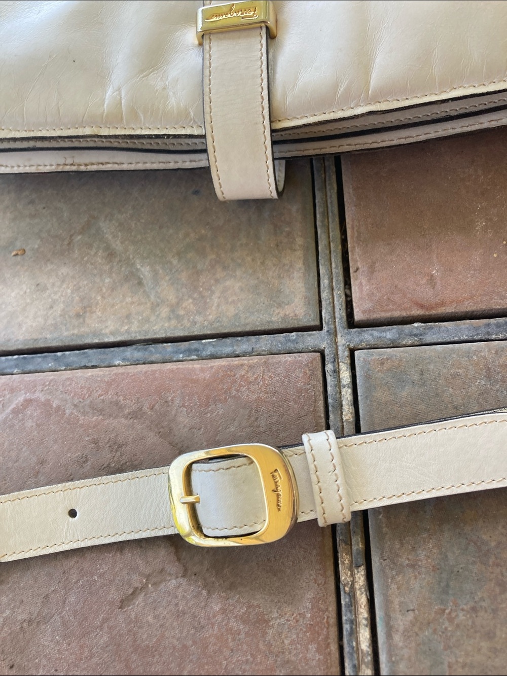 Distressed Salvatore Ferragamo Cream Leather Crossbody with Gold Hardware - Picture 9 of 10